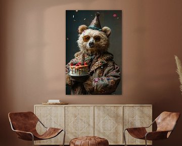 Grappige beer met verjaardagstaart en feestmuts van Felix Brönnimann