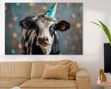 Grappige koe met feestmuts viert verjaardag van Felix Brönnimann
