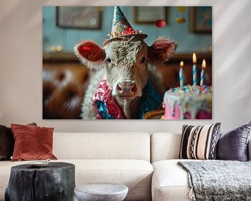 Verjaardag koe in feesthoed Met confetti Feest sfeer van Felix Brönnimann