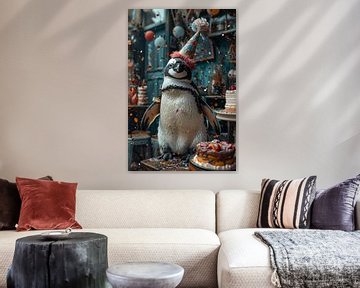 Grappige pinguïn met verjaardagshoed en confetti van Felix Brönnimann