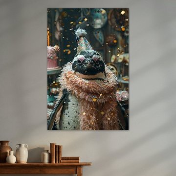 Grappige pinguïn met verjaardagshoed en confetti van Poster Art Shop