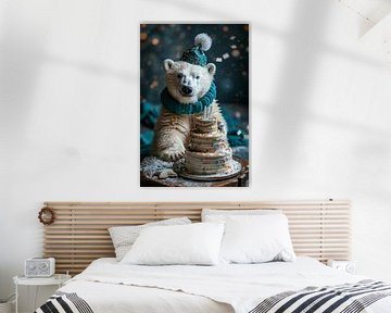 Grappige ijsbeer met verjaardagstaart in retro disco stijl van Poster Art Shop