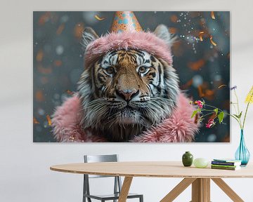 Grappige tijger viert verjaardag met taart en feestmuts van Felix Brönnimann