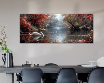 Herfst Zwanenschilderij | Autumn Whisper by the Lake van Blikvanger Schilderijen