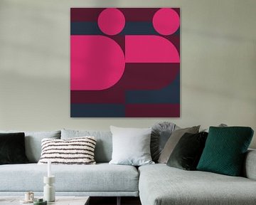 Abstracte geometrische kunst in retrostijl in helder roze, paars, blauw van Dina Dankers