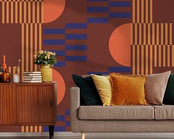 Abstrakte geometrische Kunst im Retrostil in braun, kobaltblau, orange von Dina Dankers