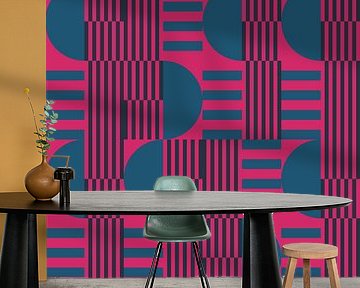 Abstrakte geometrische Kunst im Retrostil in Kobaltblau und Neonpink von Dina Dankers