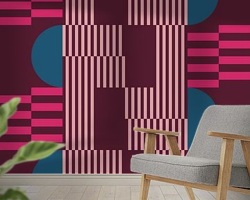 Abstrakte geometrische Kunst im Retro-Stil in Weinrot, Neon-Pink, Blau von Dina Dankers