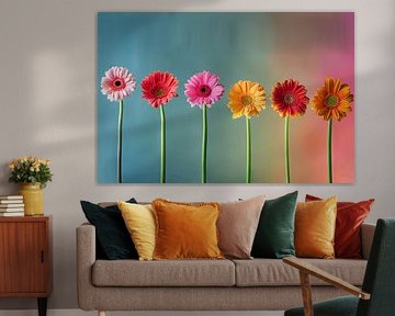 Gerbera line - Colourful flowers in a row by Poster Art Shop