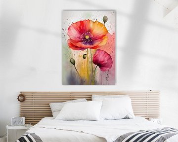 Sfeervol aquarel  schilderij van een grote Klaproos van Studio Pieternel