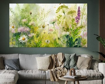 Botanisch schilderij: Veldbloemen en grassen in de berm van Studio Pieternel