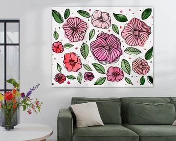 Aquarel en inkt roze bloemen van Angela Minca