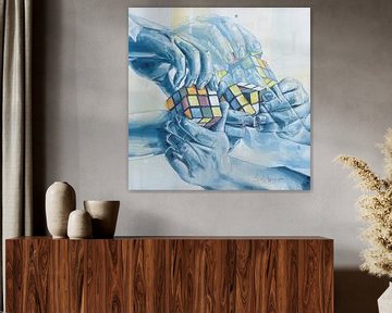 'Doorzettingsvermogen' Rubiks kubus schilderij van Jos Hoppenbrouwers