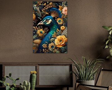 digitale collage van majestueuze pauw tussen gekleurde bloemen en planten van John van den Heuvel