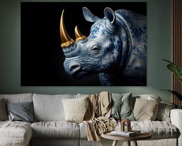 Delftsblauwe porseleinen neushoorn met gouden hoorns en donkere achtergrond van John van den Heuvel
