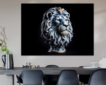 Delftsblauwe leeuw van porselein met gouden details van John van den Heuvel