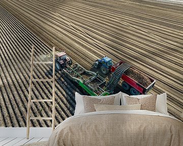 Tekkers rooien aardappelen in een veld van bovenaf gezien van Sjoerd van der Wal Fotografie