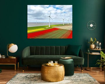 Tulpen in landbouwvelden met windturbines op de achtergrond