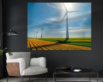 Tulpen in landbouwvelden met windturbines op de achtergrond van Sjoerd van der Wal Fotografie