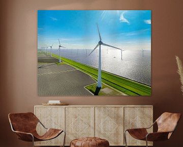 Windturbines in windpark aan de oever van het meer produceren elektriciteit tijdens de wintermaanden van Sjoerd van der Wal Fotografie