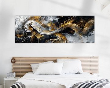 Abstract panorama goud zwart en wit in asian stijl van Digitale Schilderijen