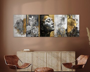 Elegant panorama portret goud zwart en wit in asian stijl van Digitale Schilderijen