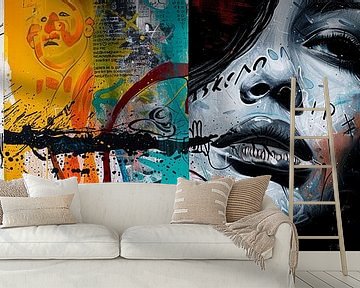 Graffiti panorama digitaal kunst object als panaroma 4 luik van Digitale Schilderijen