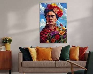 Frida's digitale bloemenkroon - pixel art portret voor retro kunstliefhebbers en verzamelaars van Felix Brönnimann