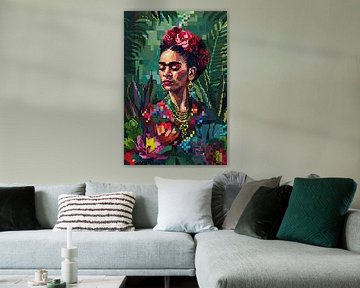 Frida's digitale bloemenkroon - pixel art portret voor retro kunstliefhebbers en verzamelaars van Felix Brönnimann