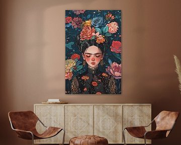Nachtelijke bloemenmagie - Frida's portret verpakt in een mystiek bloemendesign van Felix Brönnimann