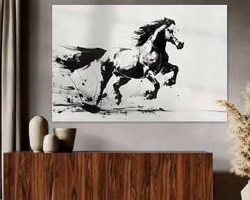 Paard in galop zwart-wit schilderij van Vlindertuin Art
