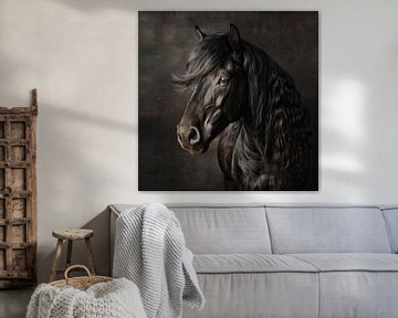 Fries zwart paard dierenportret van Vlindertuin Art