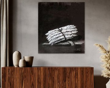 Witte asperges, stilleven. Handgetekend met houtskool. van Ineke de Rijk