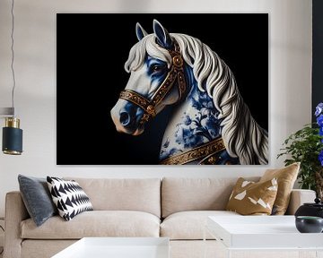 Delftsblauw paard met witte manen en goudkleurig hoofdstel met van John van den Heuvel