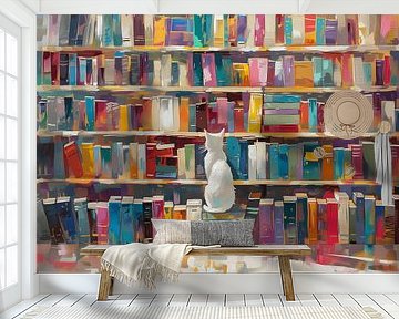 Weiße Katze in der Bibliothek - auf der Suche nach Büchern von Littlewhitecat