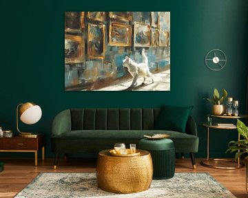 Witte kat in bibliotheek - dwalend in tentoonstellingshal van Littlewhitecat