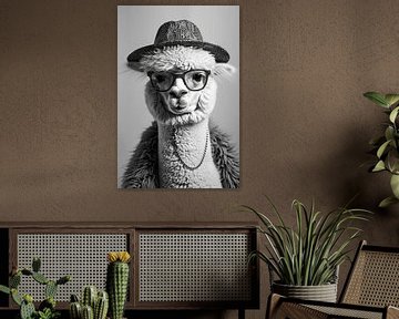Modieuze lama met hoed en bril in zwart en wit van Poster Art Shop