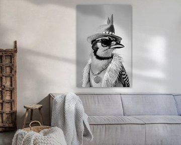 Modieuze vogel met hoed en zonnebril in zwart en wit van Poster Art Shop