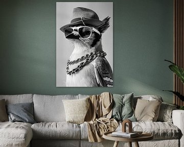Gestileerde vogel met hoed en zonnebril in zwart en wit van Felix Brönnimann