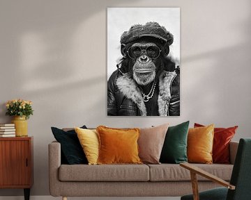 Chimpansee portret in zonnebril en winterjas van Felix Brönnimann