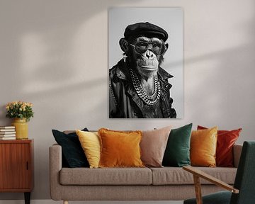 Chimpansee in leren jas en zonnebril poseert in stijl van Poster Art Shop