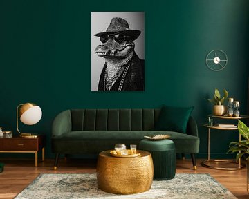 Stijlvol portret van een krokodillenkop met zonnebril en hoed van Felix Brönnimann