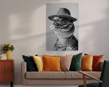 Stijlvolle alligator met hoed en bril, zwart-wit portret van Felix Brönnimann