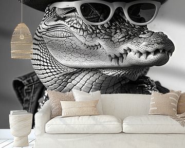 Stylish crocodile in denim jacket and sunglasses by Poster Art Shop