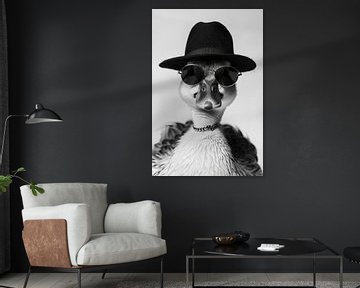 Portret van een eend met zonnebril en hoed, monochroom van Poster Art Shop