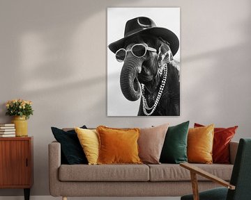 Stijlvolle olifant met hoed en bril in zwart en wit van Poster Art Shop