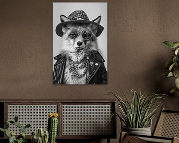 Stijlvol portret van een vos in leren jas en hoed van Felix Brönnimann