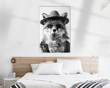 Stijlvolle vos met hoed en ronde bril in zwart en wit van Poster Art Shop