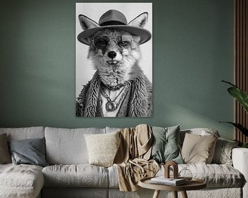 Stijlvolle vos met hoed en ronde bril in zwart en wit van Felix Brönnimann