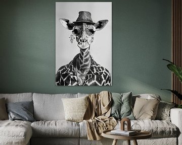 Stijlvolle giraffe met hoed en bril in zwart en wit van Felix Brönnimann